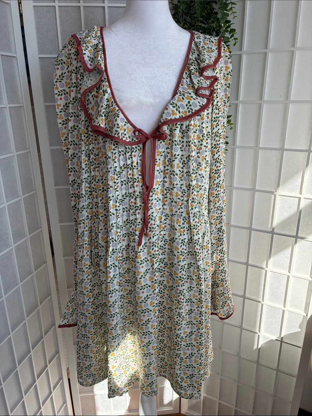 NEW With Tags Free People Ivory Floral Print L/S Mini Dress with Rust Trim L